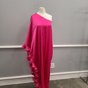 Zara Long Ruffled Pink One Shoulder Flowy Satin Maxi Dress